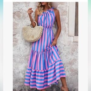 Pink and Blue Sleeveless Ruffled Smocked Sundress